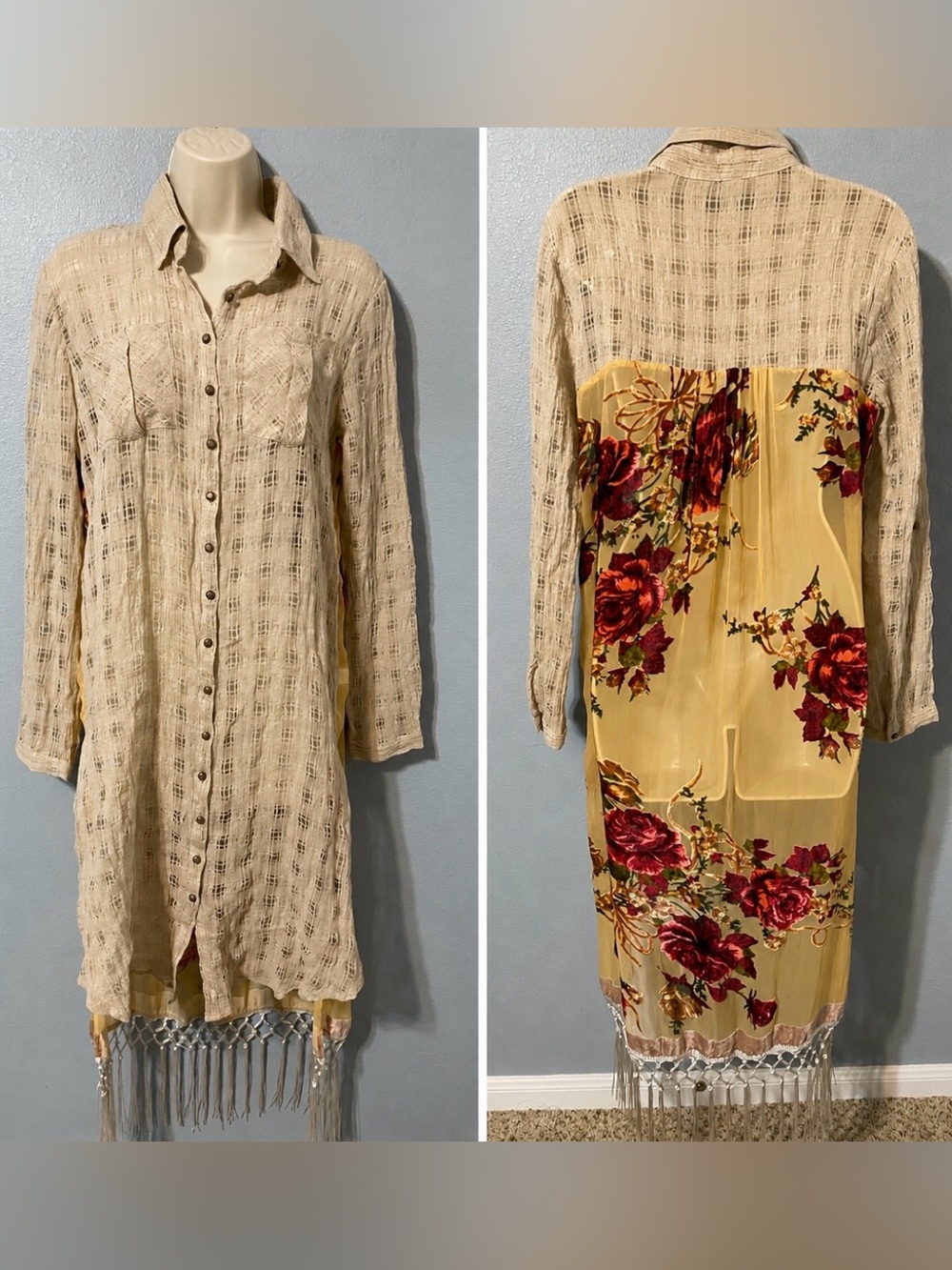 Aratta Silent Journey Mixed Media Floral Fringe Duster Shirt Dress Boho Small